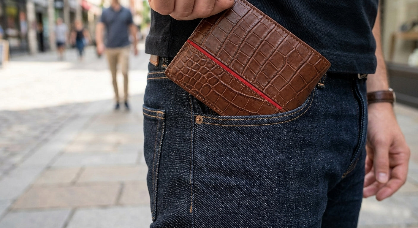 Luxury Crocodile Pattern Leather Wallet with Red Accent Stitching & Free Keychain