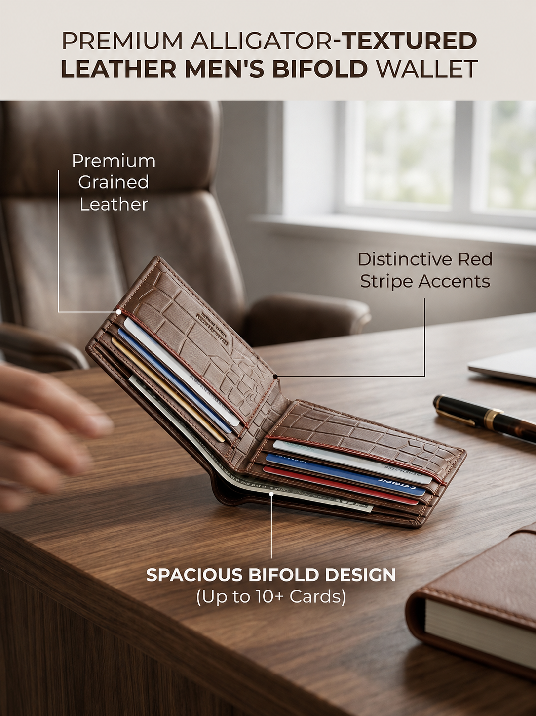 Luxury Crocodile Pattern Leather Wallet with Red Accent Stitching & Free Keychain