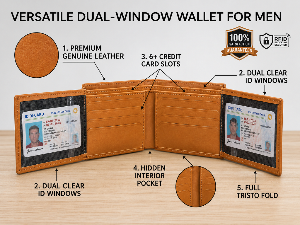HeritageCraft™ Men's Genuine Leather Trifold Wallet | RFID Blocking | Dual ID Window