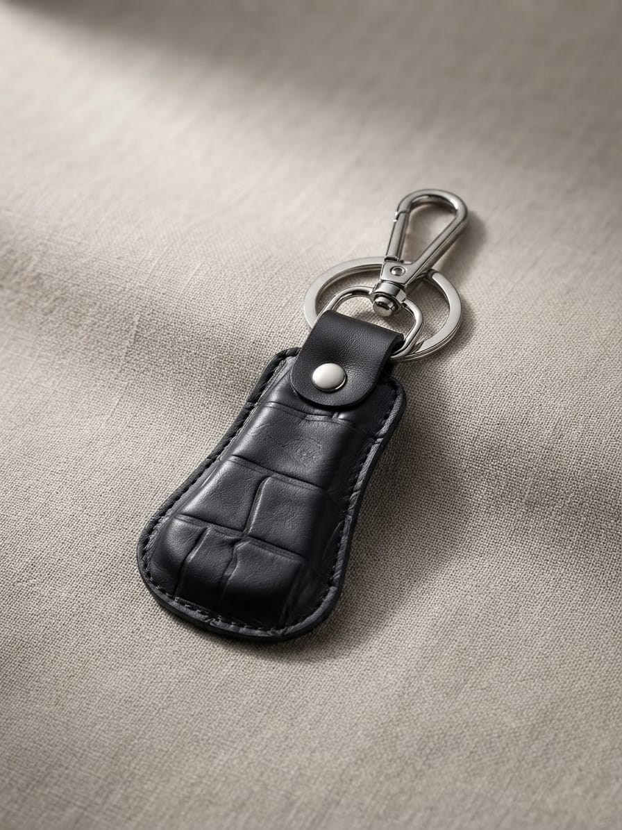 Crocodile-Style Genuine Leather Keychain with Metal Clip