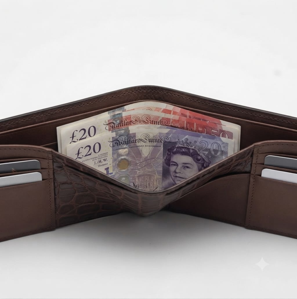 CrocLux™ Genuine Cow Leather Bi-Fold Wallet – Crocodile Embossed Brown