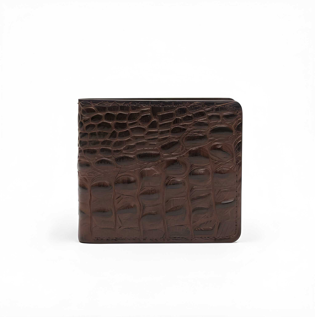 CrocLux™ Genuine Cow Leather Bi-Fold Wallet – Crocodile Embossed Brown