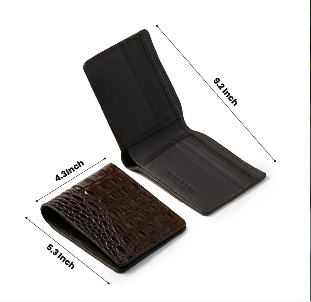 CrocLux™ Genuine Cow Leather Bi-Fold Wallet – Crocodile Embossed Brown