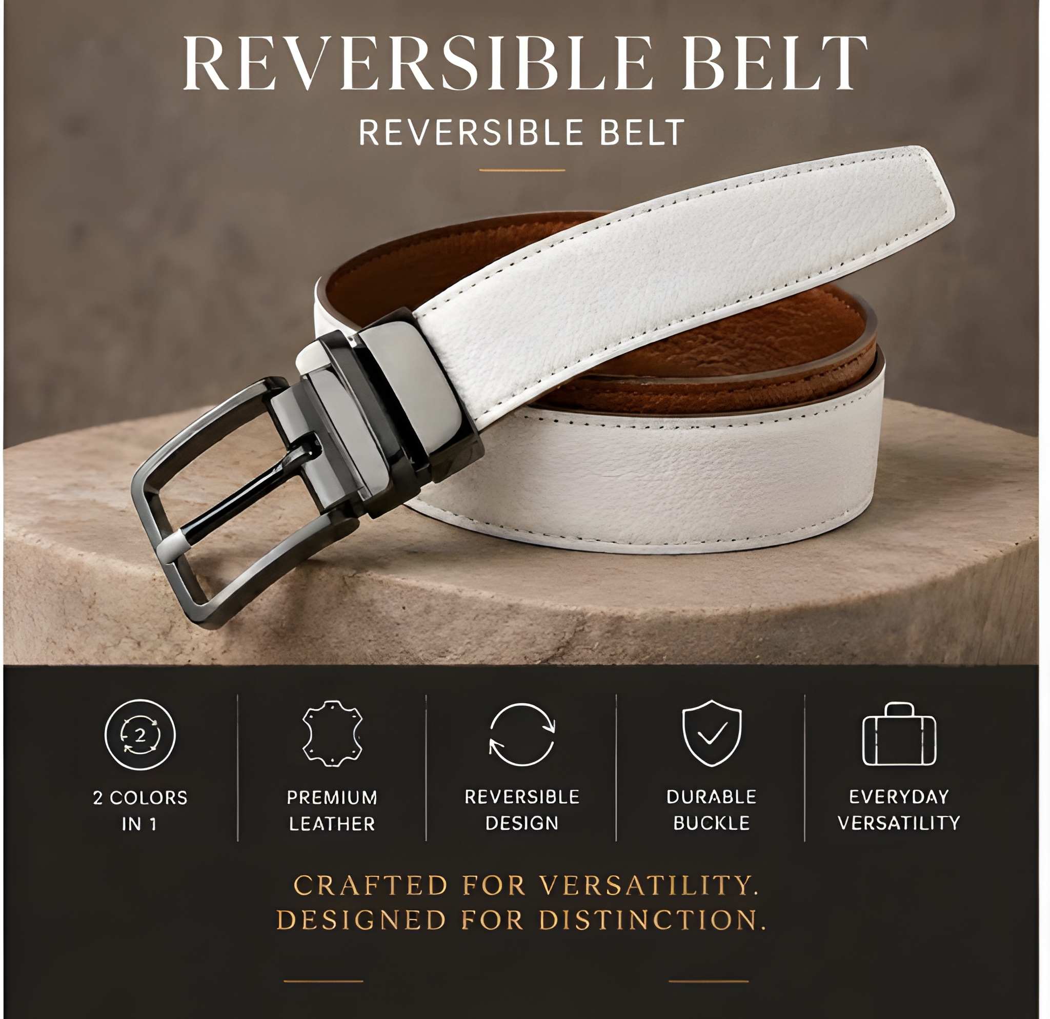 DualTone Elite™ Genuine Cow Leather Reversible Belt – White & Brown