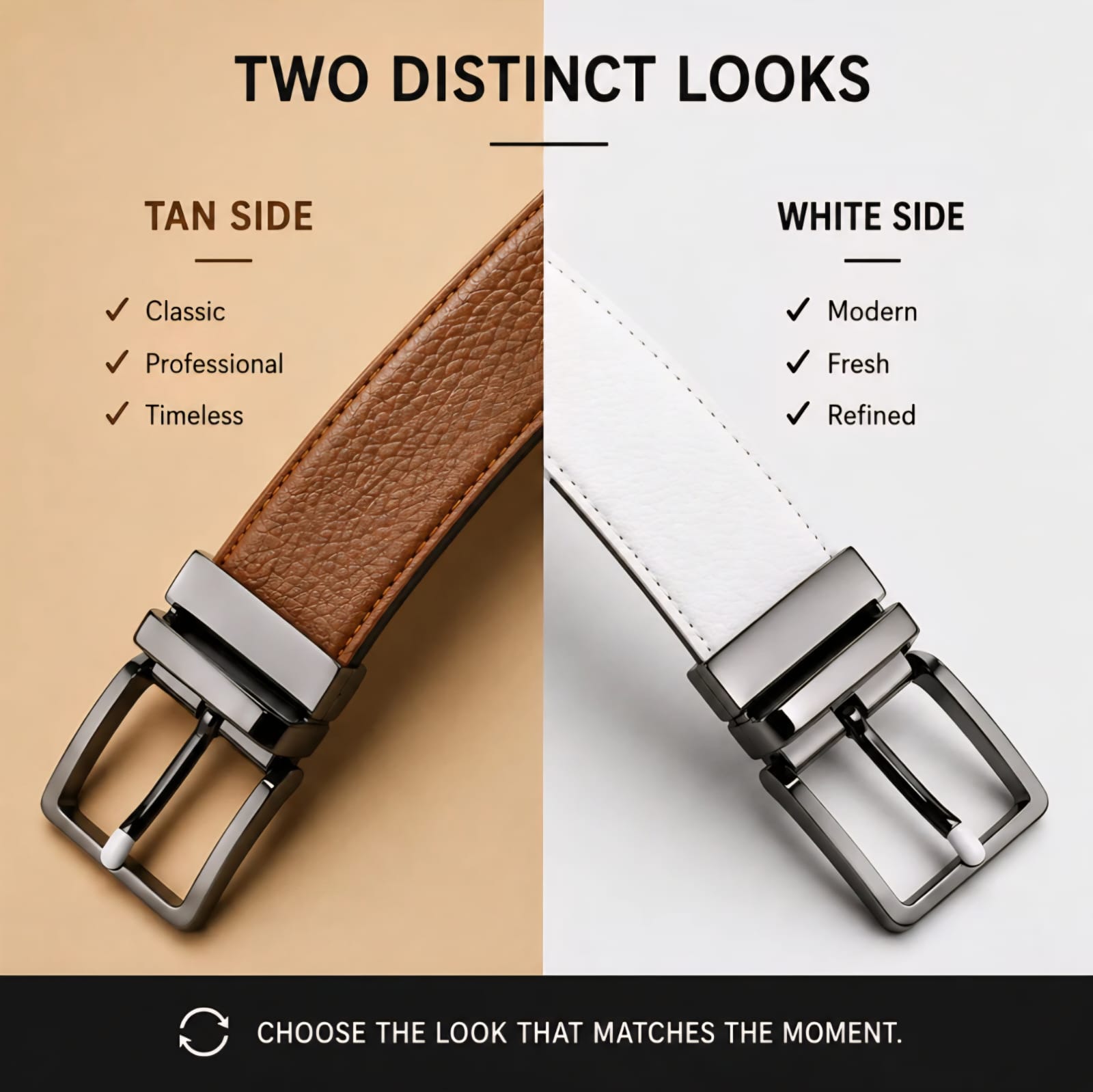 DualTone Elite™ Genuine Cow Leather Reversible Belt – White & Brown