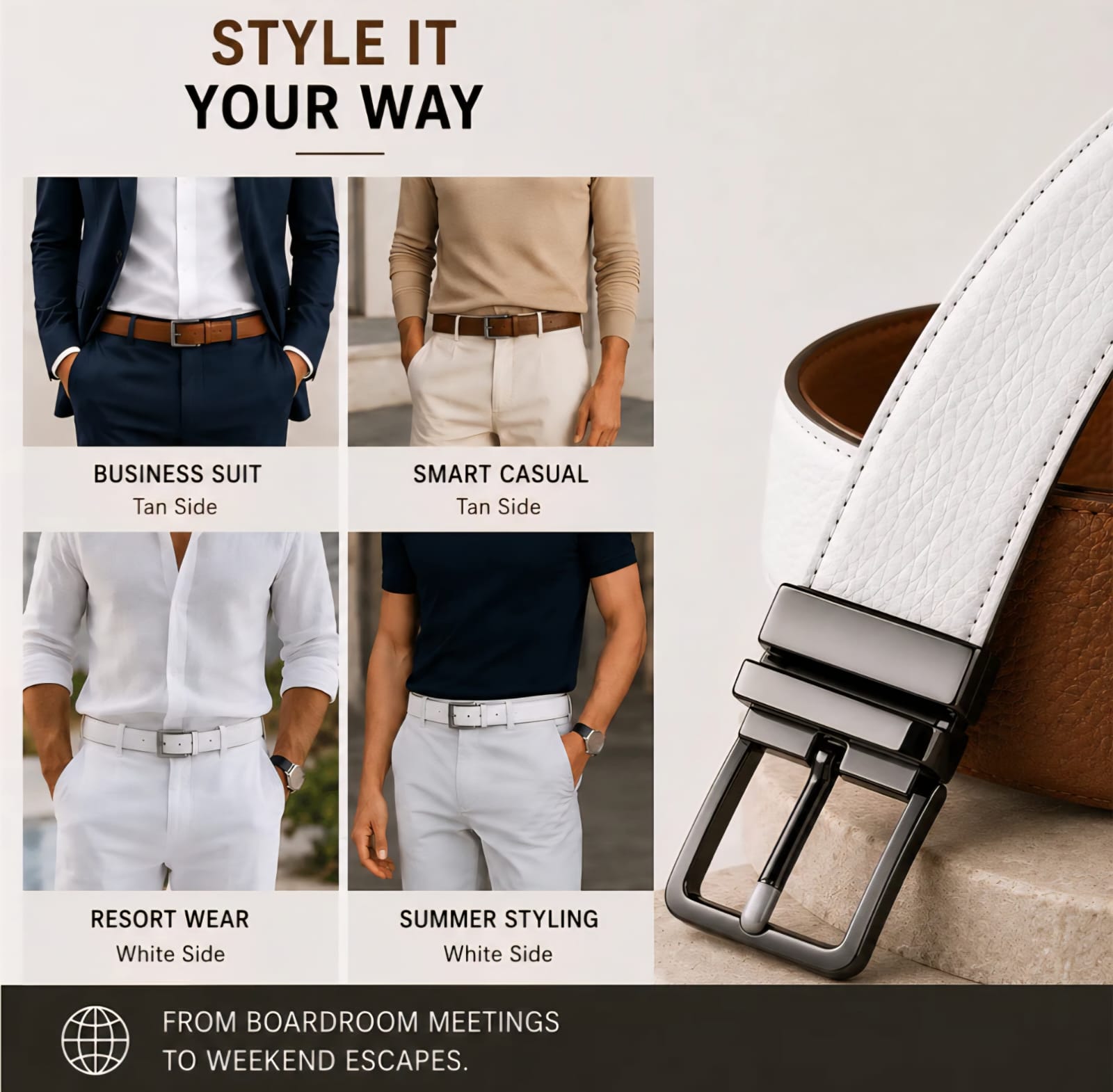 DualTone Elite™ Genuine Cow Leather Reversible Belt – White & Brown