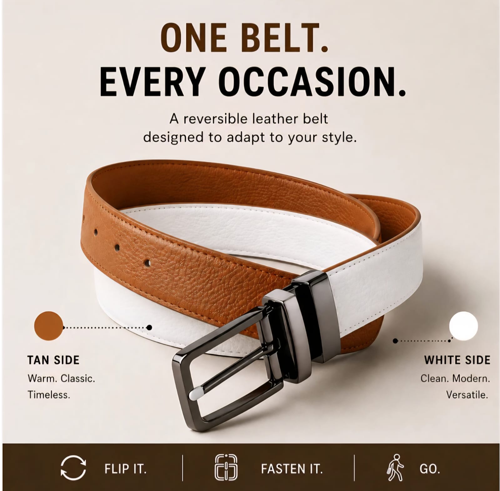 DualTone Elite™ Genuine Cow Leather Reversible Belt – White & Brown