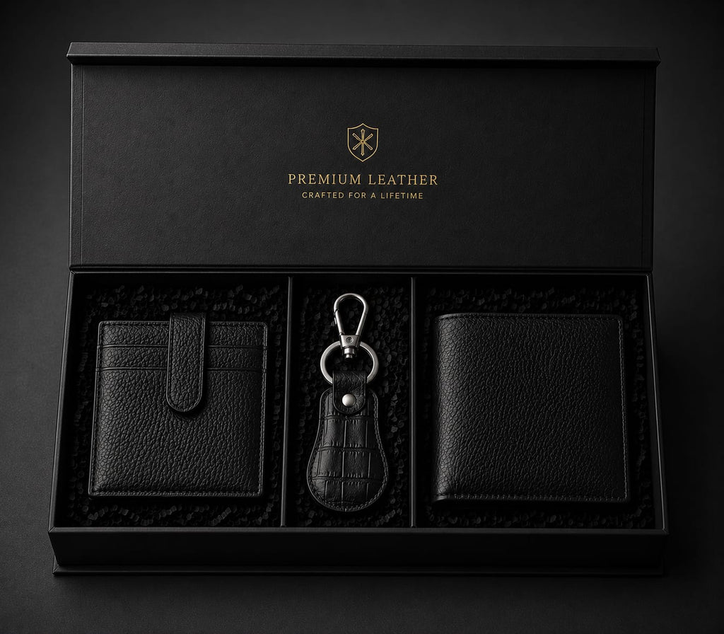 Premium Men's Genuine Cow Leather Gift Set – Wallet, Card Holder & Keychain | Luxury 3-Piece Gift Box