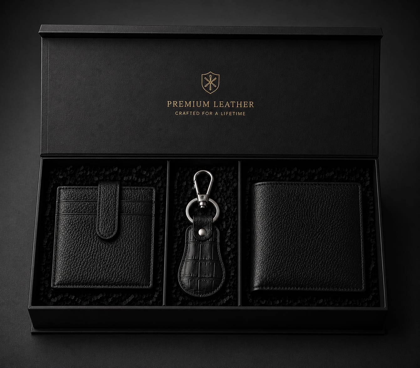 Premium Men's Genuine Cow Leather Gift Set – Wallet, Card Holder & Keychain | Luxury 3-Piece Gift Box
