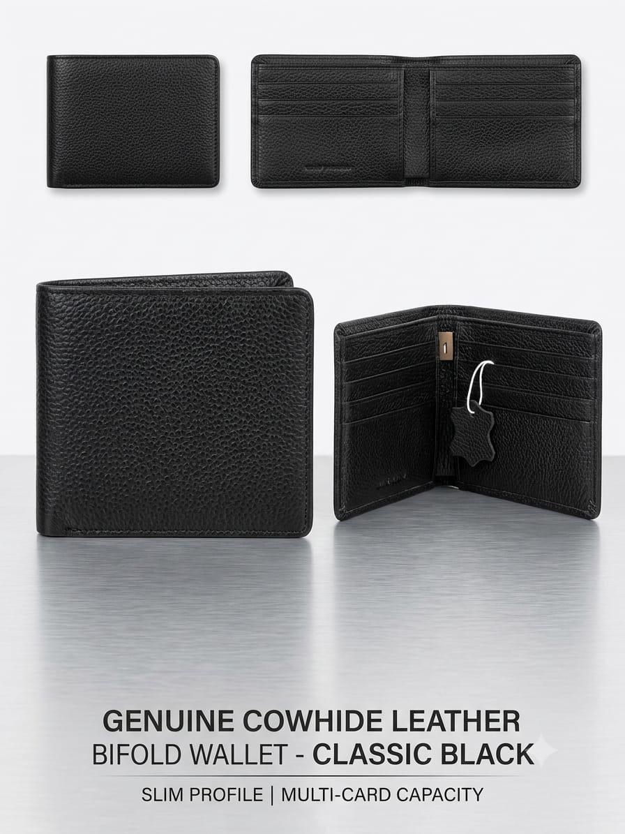 Premium Genuine Cowhide Leather Bifold Wallet for Men – Classic Black | Slim RFID-Free Design