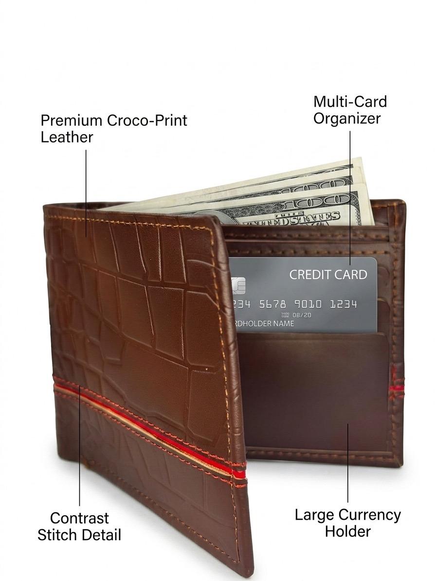 Luxury Crocodile Pattern Leather Wallet with Red Accent Stitching & Free Keychain