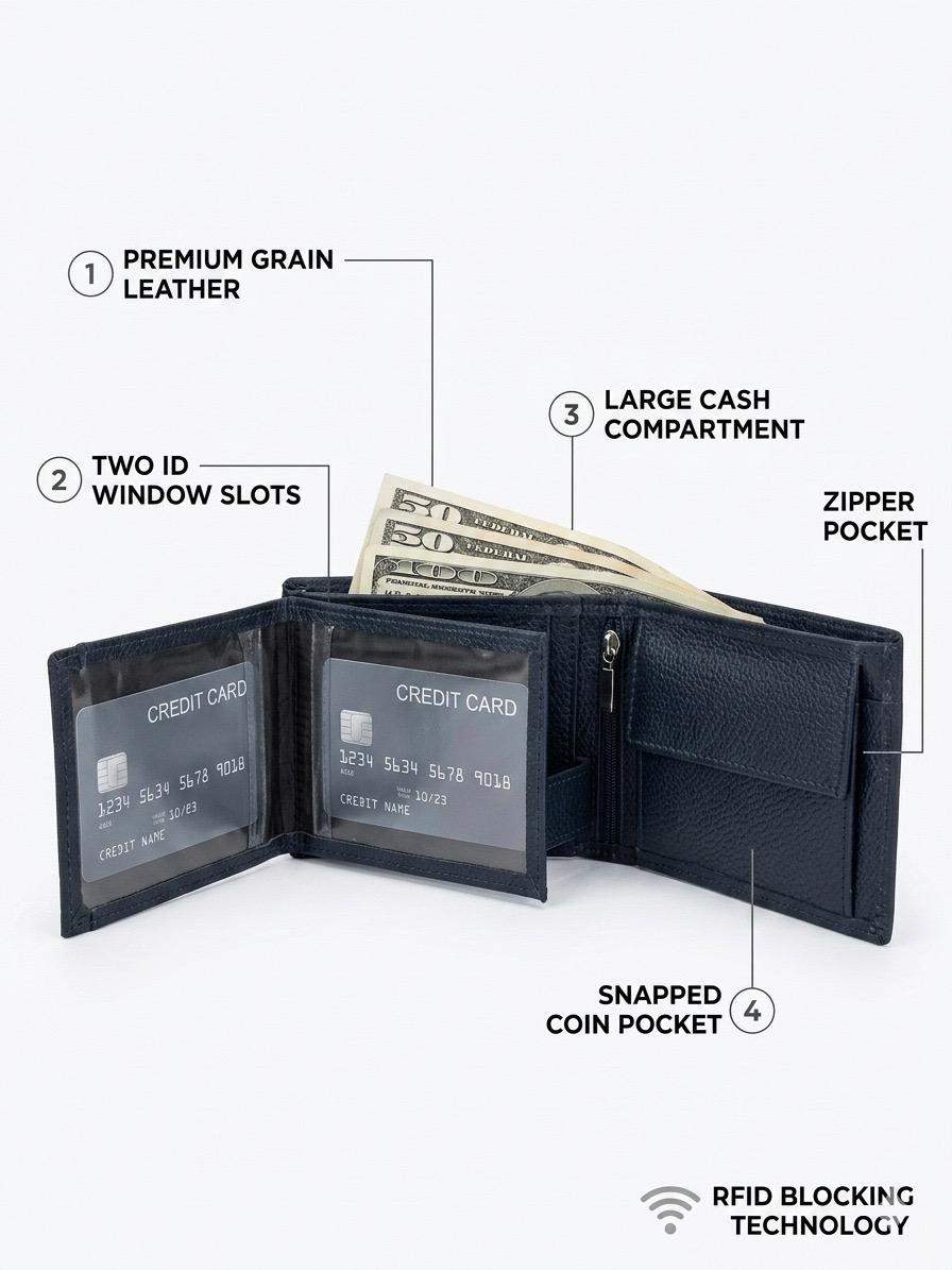 Premium Genuine Leather Men's Wallet with 12 Card Slots, 3 Transparent ID Windows, Coin Pocket & RFID Blocking