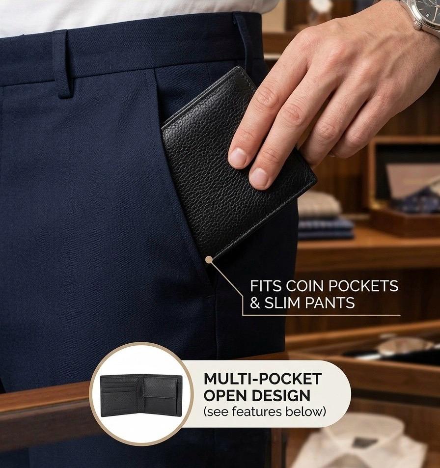 Premium Genuine Leather Men's Wallet with 12 Card Slots, 3 Transparent ID Windows, Coin Pocket & RFID Blocking