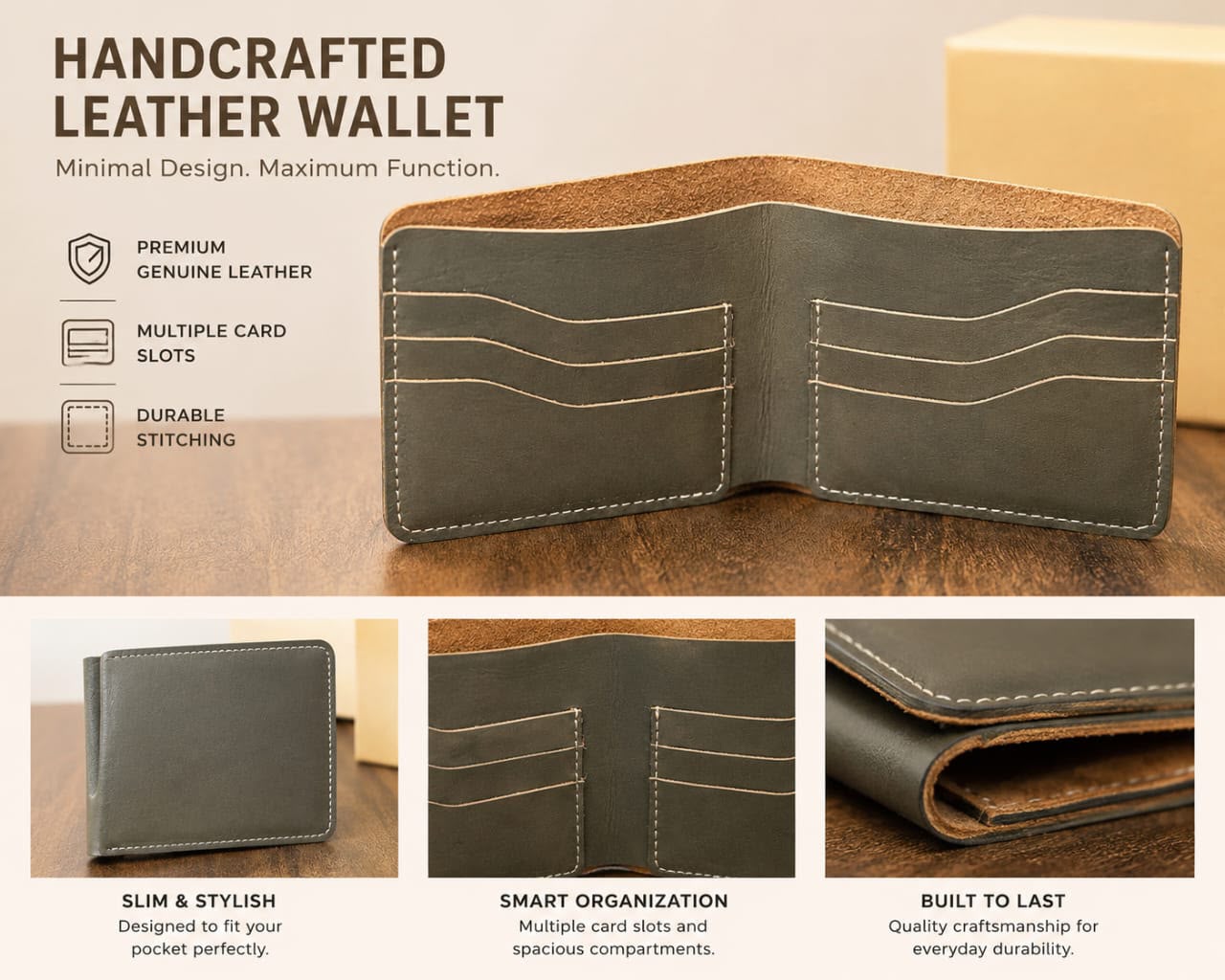 Vintage Genuine Leather Bifold Wallet – Premium Handmade Design