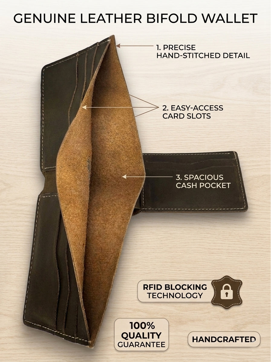 Vintage Genuine Leather Bifold Wallet – Premium Handmade Design