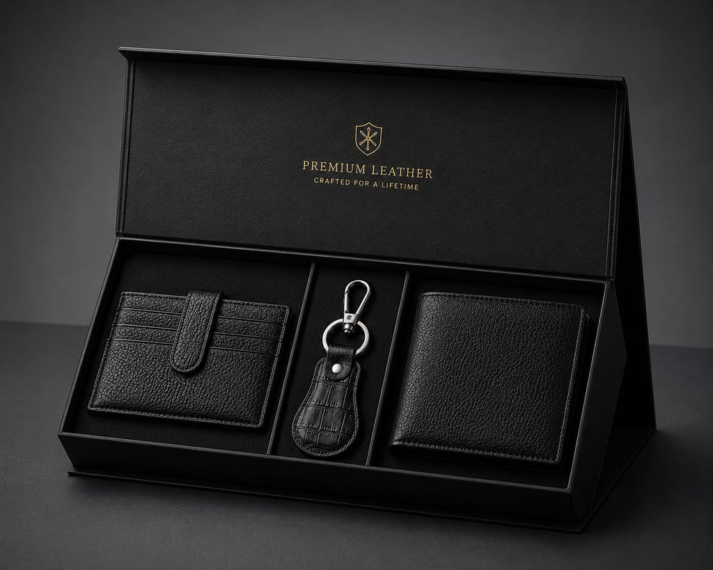 Premium Men's Genuine Cow Leather Gift Set – Wallet, Card Holder & Keychain | Luxury 3-Piece Gift Box