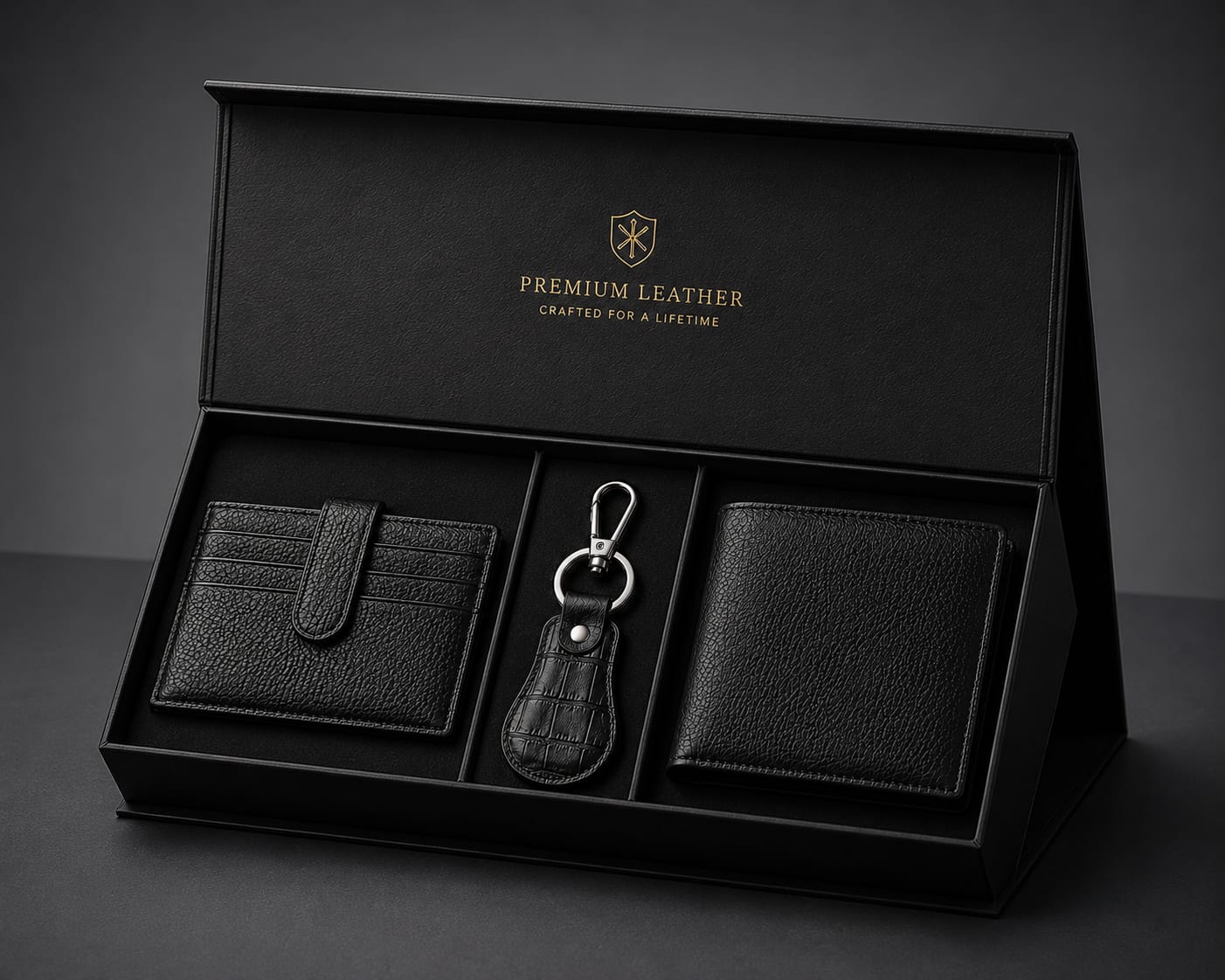 Premium Men's Genuine Cow Leather Gift Set – Wallet, Card Holder & Keychain | Luxury 3-Piece Gift Box