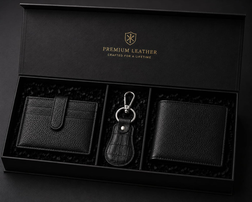 Premium Men's Genuine Cow Leather Gift Set – Wallet, Card Holder & Keychain | Luxury 3-Piece Gift Box