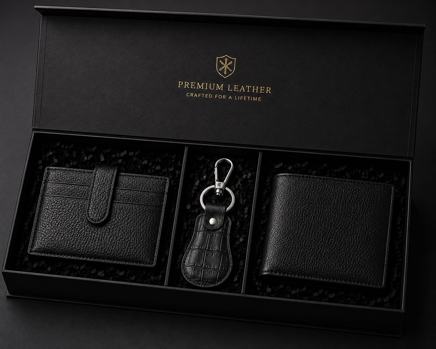 Premium Men's Genuine Cow Leather Gift Set – Wallet, Card Holder & Keychain | Luxury 3-Piece Gift Box